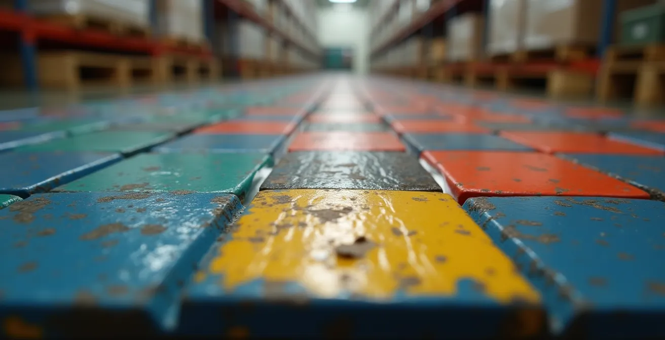 Détail macro d'étiquettes codées sur palettes métalliques dans un entrepôt