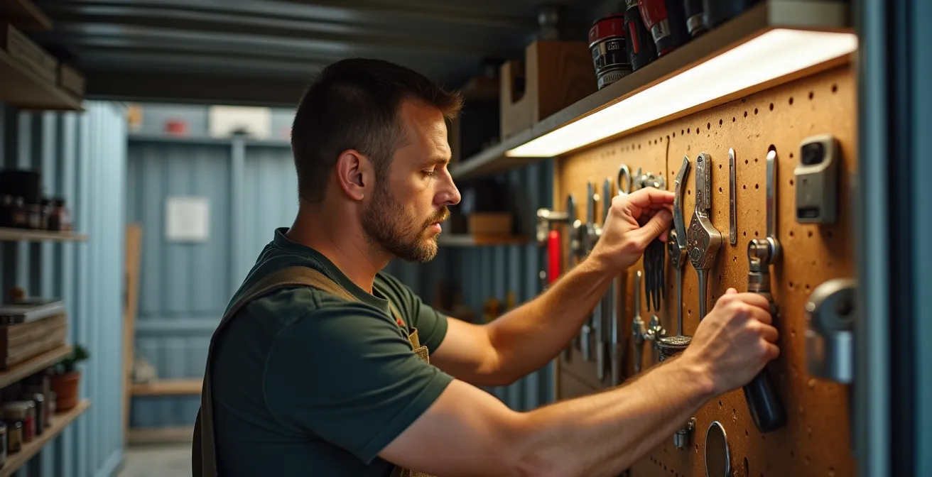 Intérieur d'un conteneur aménagé en atelier mobile avec rangements optimisés