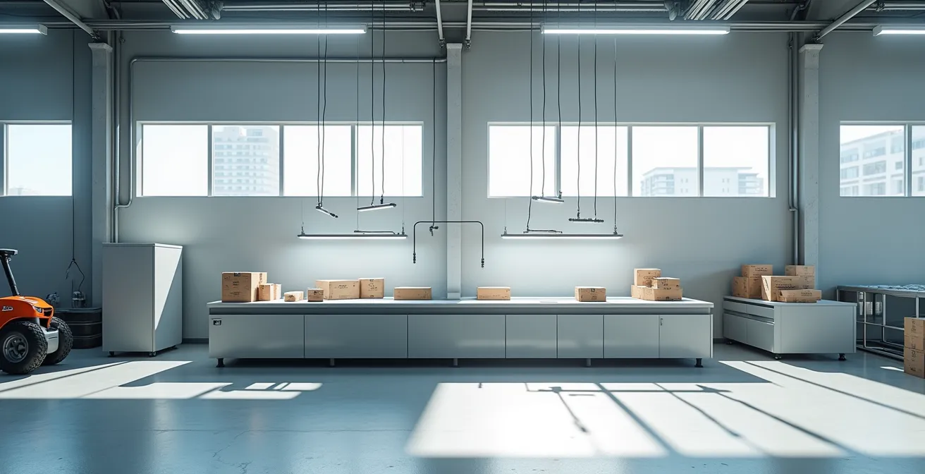 Poste de travail d'emballage ergonomique dans un environnement industriel épuré