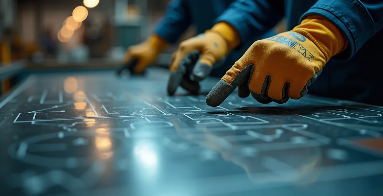 Gros plan sur des mains analysant des données de performance sur une surface de travail industrielle