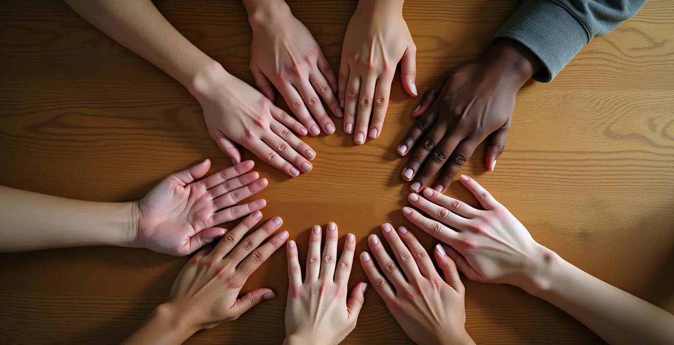 Gros plan sur des mains posées sur une table en bois montrant différentes distances d'interaction