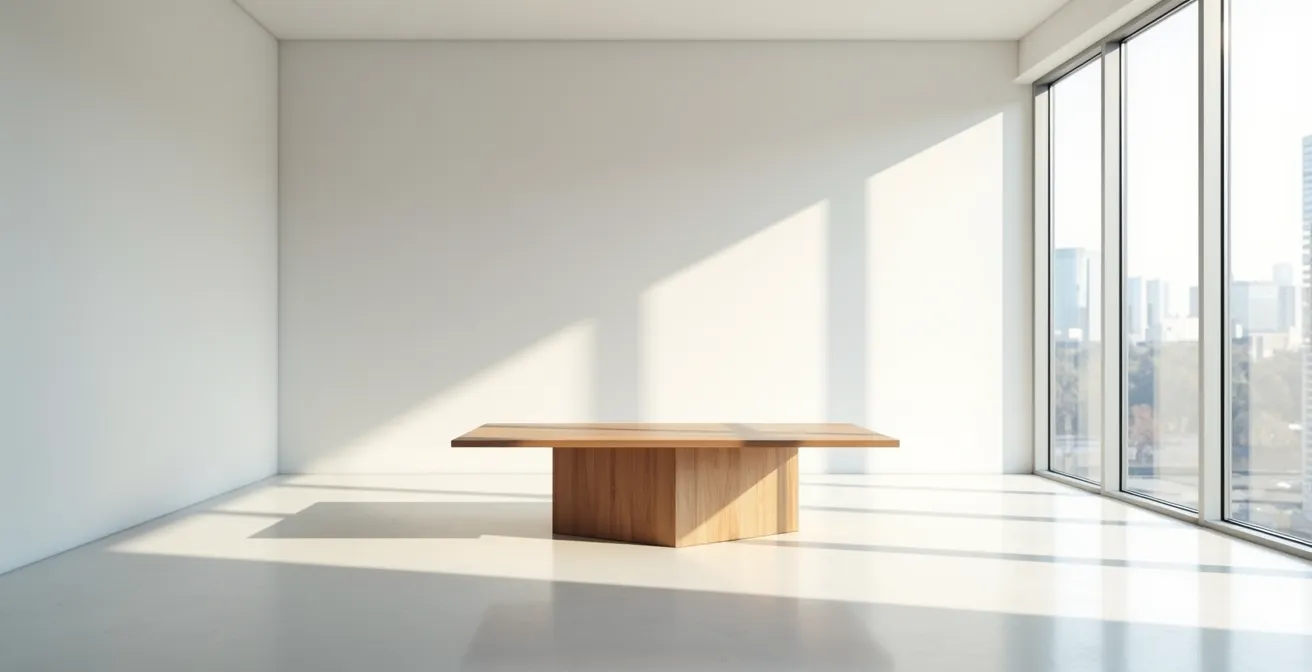 Vue d'ensemble d'une salle de réunion avec table trapézoïdale créant une dynamique spatiale unique