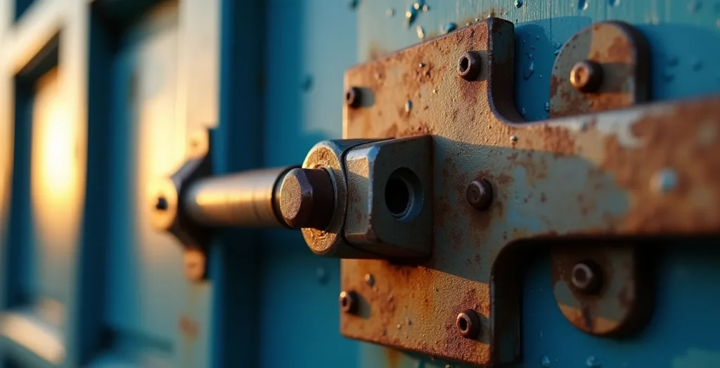 Gros plan sur système de verrouillage haute sécurité d'un conteneur Gros plan sur système de verrouillage haute sécurité d'un conteneur