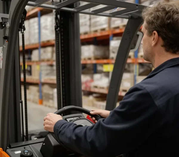 Opérateur conduisant un chariot élévateur électrique entre les racks d'un entrepôt logistique