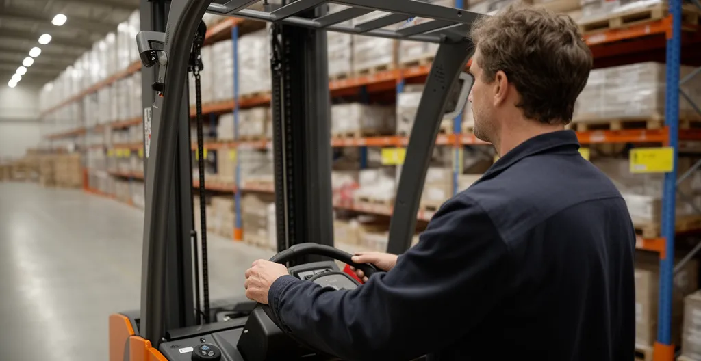 Opérateur conduisant un chariot élévateur électrique entre les racks d'un entrepôt logistique