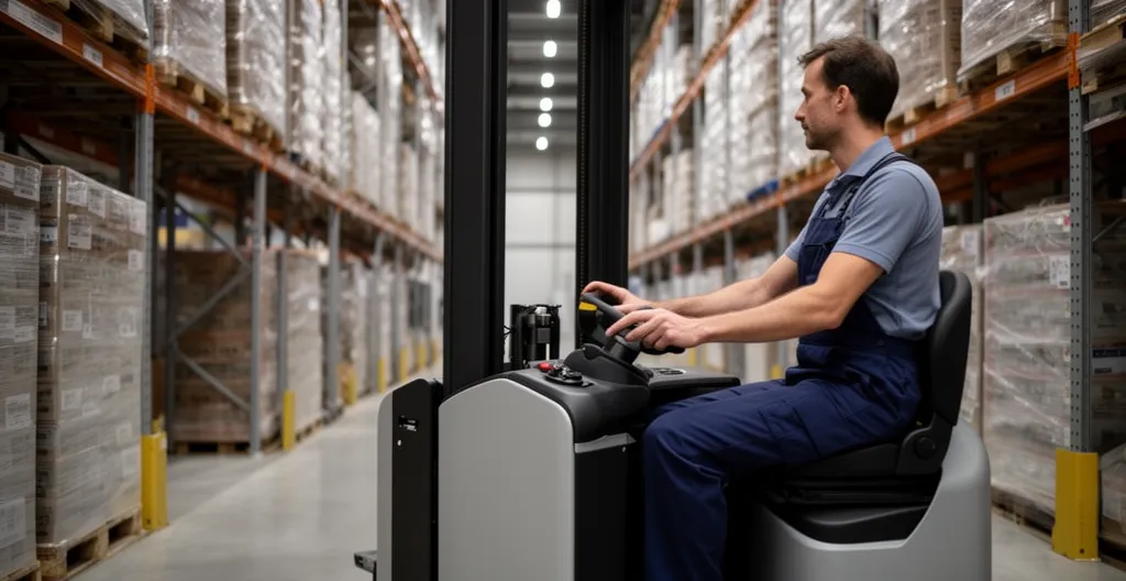 Gerbeur électrique manœuvrant dans une allée étroite d'entrepôt