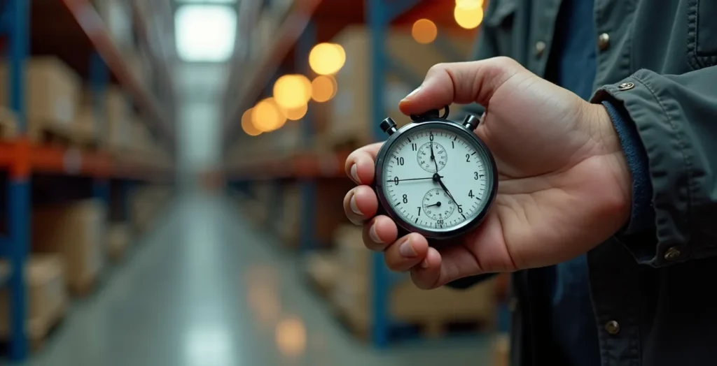 Gros plan sur une main tenant un chronomètre dans un entrepôt industriel Gros plan sur une main tenant un chronomètre dans un entrepôt industriel