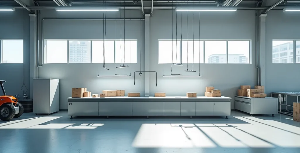 Poste de travail d'emballage ergonomique dans un environnement industriel épuré Poste de travail d'emballage ergonomique dans un environnement industriel épuré