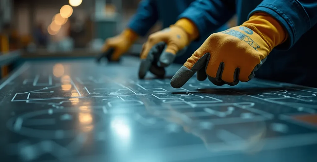 Gros plan sur des mains analysant des données de performance sur une surface de travail industrielle Gros plan sur des mains analysant des données de performance sur une surface de travail industrielle