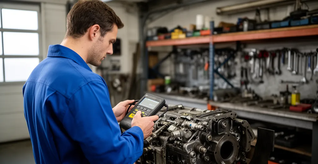 Technicien en bleu de travail inspectant un chariot élévateur dans un atelier de maintenance
