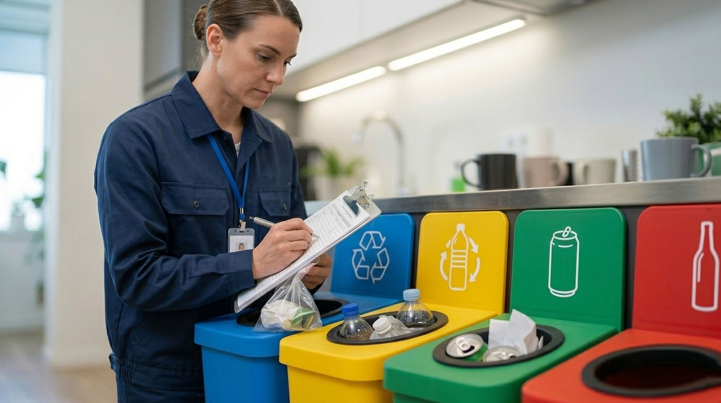 Responsable d'entretien commercial consultant un registre de suivi des déchets dans un couloir de bureaux au Québec