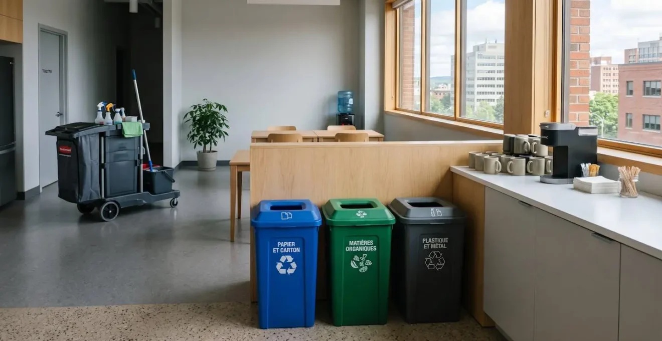 Zone de tri sélectif bien identifiée dans l'espace commun d'un bureau commercial au Québec