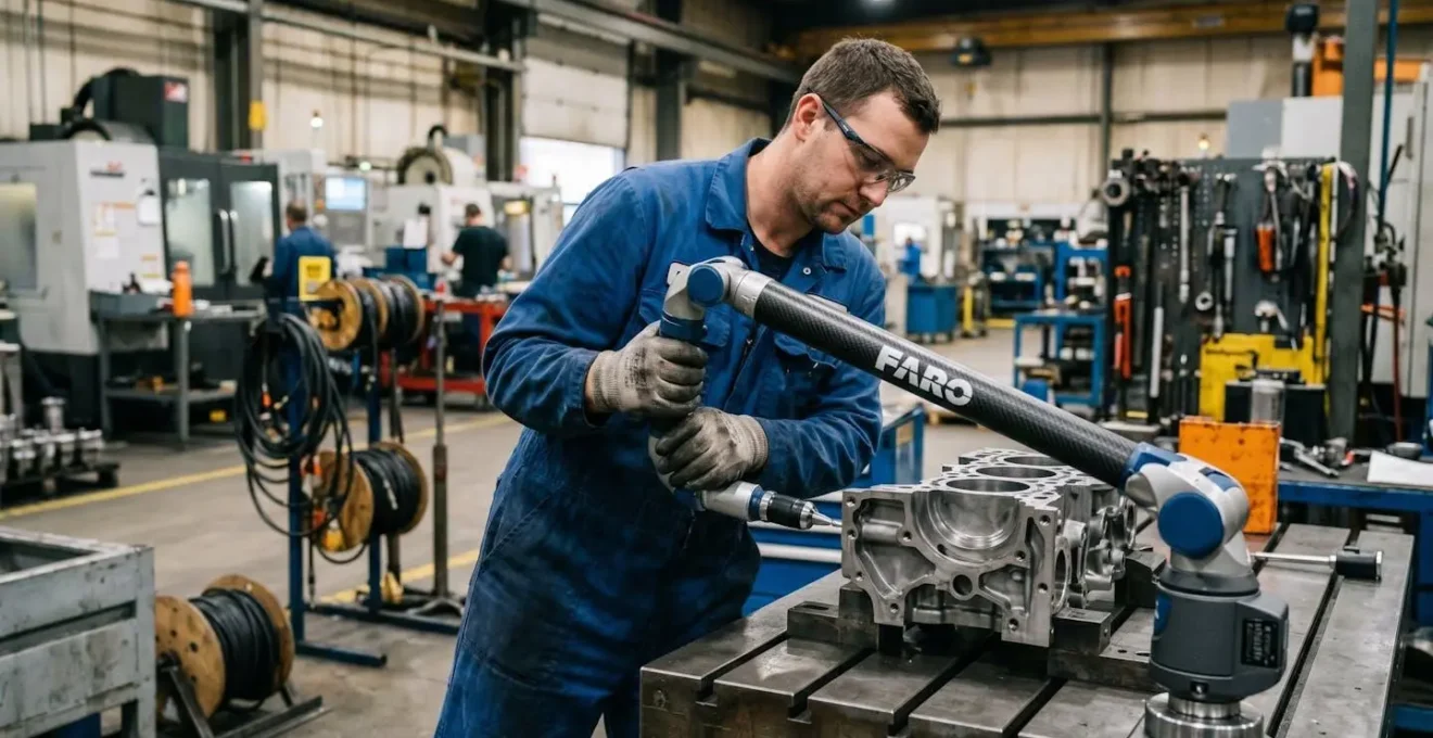 Technicien effectuant un contrôle dimensionnel avec un bras 3D Faro