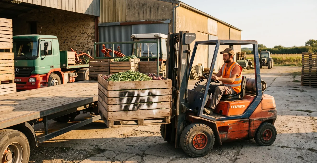 Un cariste charge un palox rempli de produits récoltés sur une remorque avec un chariot élévateur devant un bâtiment coopératif français.