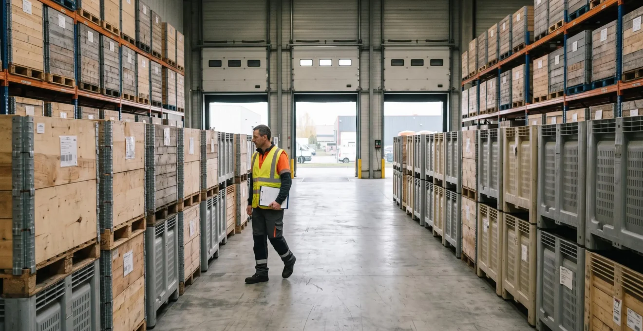 Un opérateur logistique en gilet haute visibilité inspecte des rangées de palox empilés dans un entrepôt industriel en France.