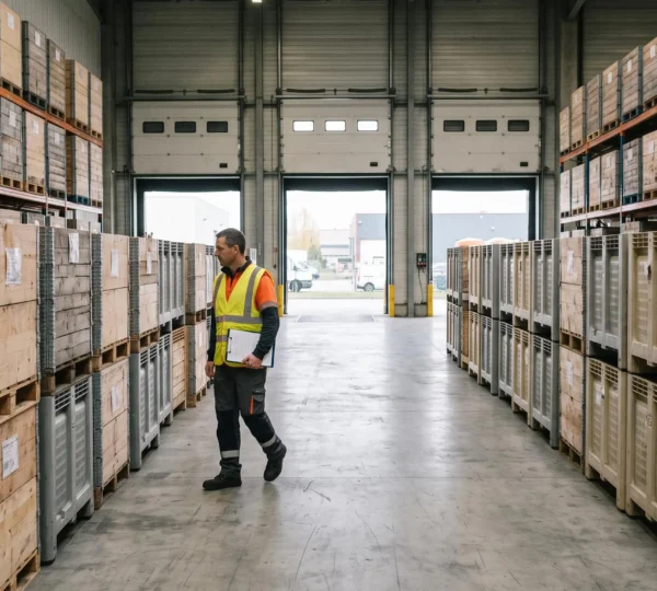 Un opérateur logistique en gilet haute visibilité inspecte des rangées de palox empilés dans un entrepôt industriel en France.
